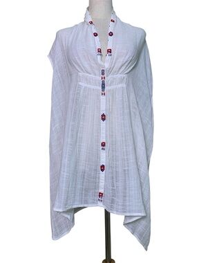 Johnny Was Women’s White Gauze Tunic Top Beaded Beach Coverup Bohemian Large
